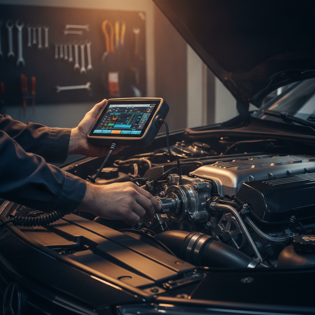 Mécanicien utilisant une tablette de diagnostic sur un moteur