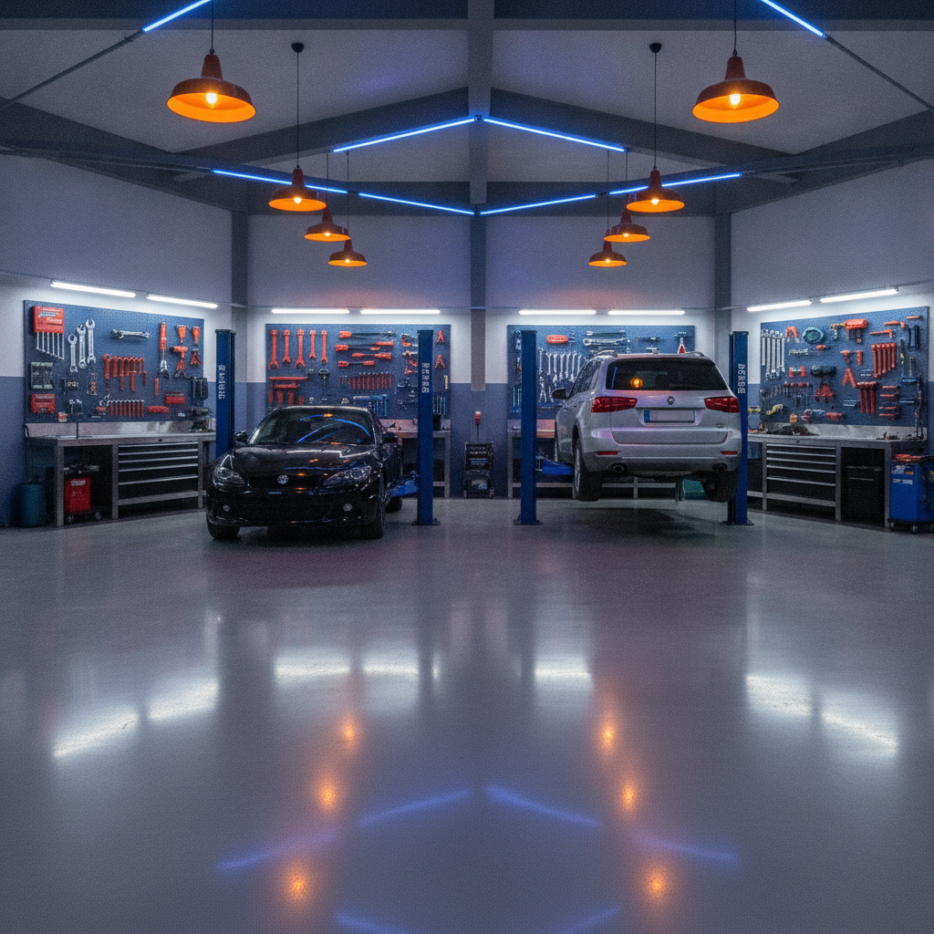 Atelier automobile moderne avec éclairage LED bleu et lampes orange